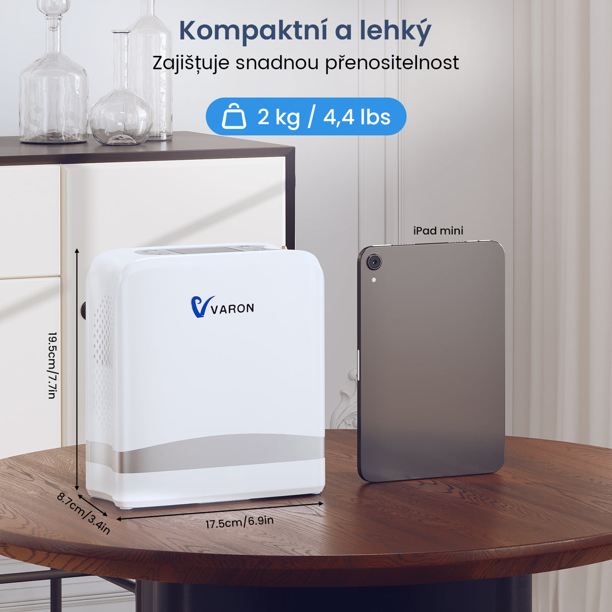 VARON VP-8 Lite | Přenosný pulzní koncentrátor kyslíku – pouze 2 kg, 7 úrovní průtoku