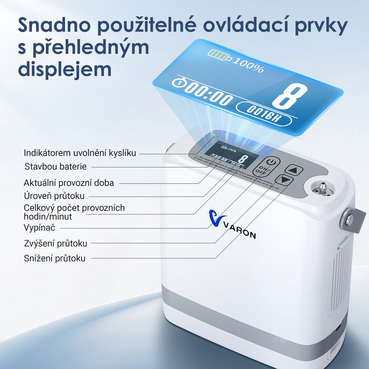 Nový VARON VP-8G | Přenosný kyslíkový koncentrátor Pulse Flow (1-8 nastavení)