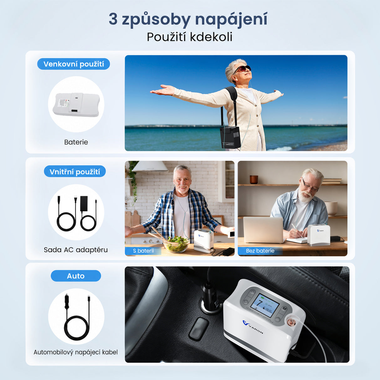VARON VP-8 Lite | Přenosný pulzní koncentrátor kyslíku – pouze 2 kg, 7 úrovní průtoku